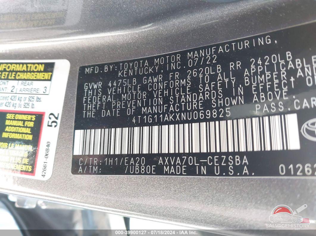4T1G11AKXNU069825 2022 TOYOTA CAMRY photo no. 9