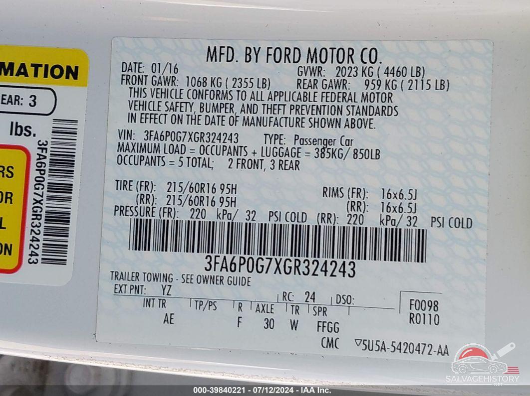 3FA6P0G7XGR324243 2016 FORD FUSION photo no. 9