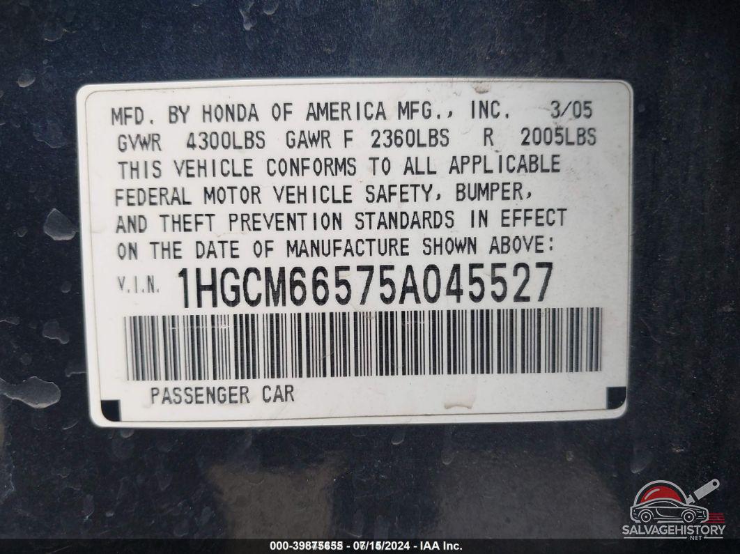 1HGCM66575A045527 2005 HONDA ACCORD photo no. 9