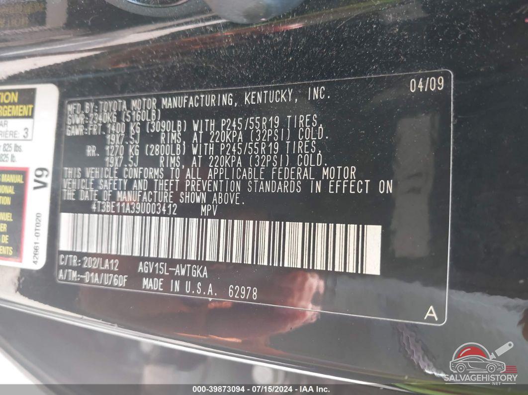 4T3BE11A39U003412 2009 TOYOTA VENZA photo no. 9