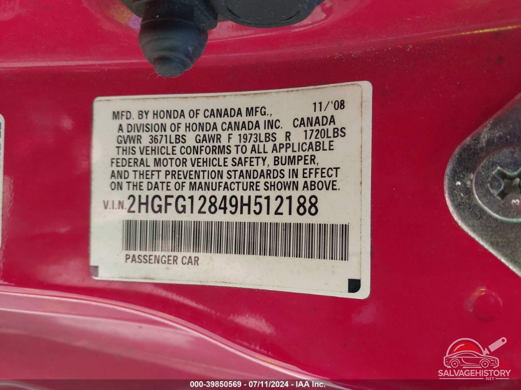 2HGFG12849H512188 2009 HONDA CIVIC photo no. 8