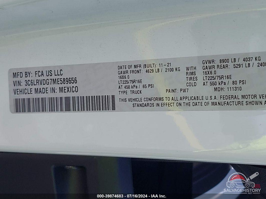 3C6LRVDG7ME589656 2021 RAM PROMASTER 2500 photo no. 9