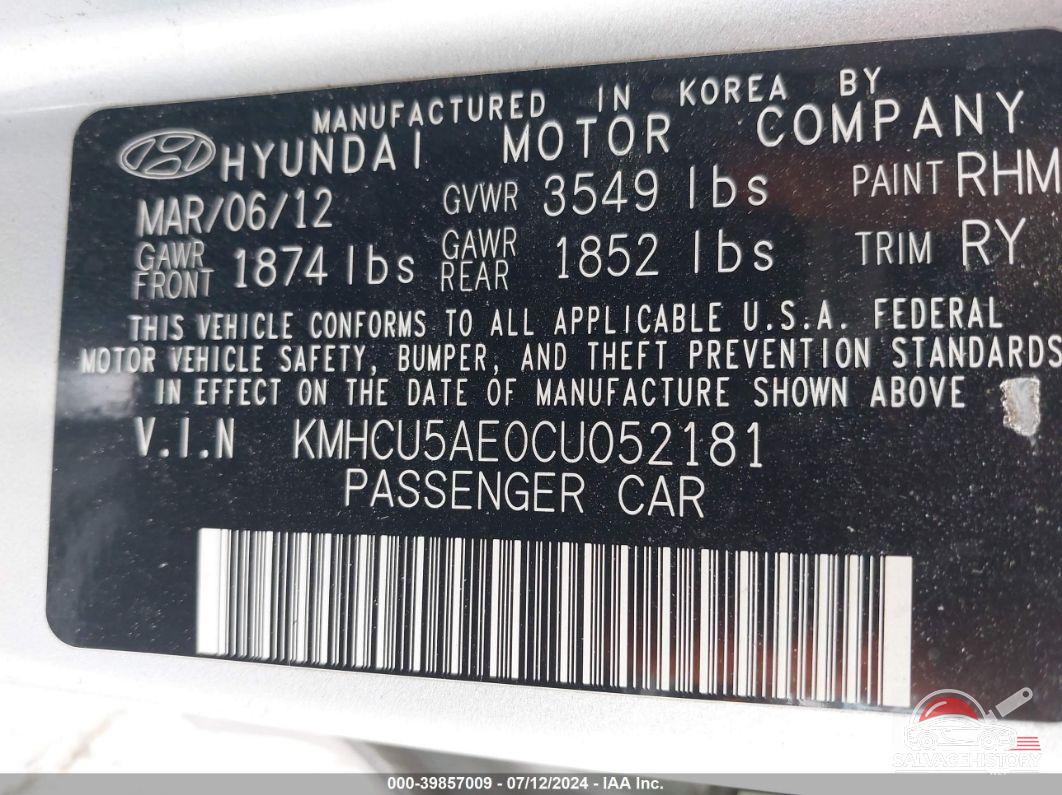KMHCU5AE0CU052181 2012 HYUNDAI ACCENT photo no. 9