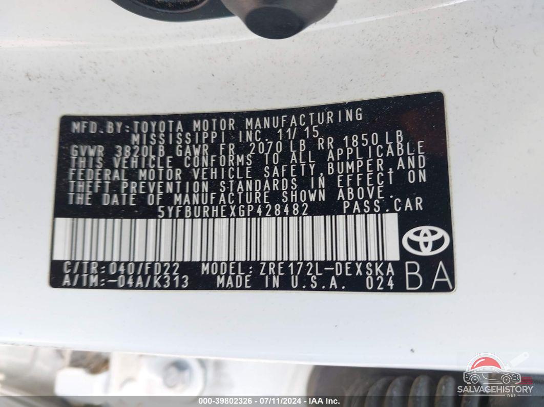 5YFBURHEXGP428482 2016 TOYOTA COROLLA photo no. 9