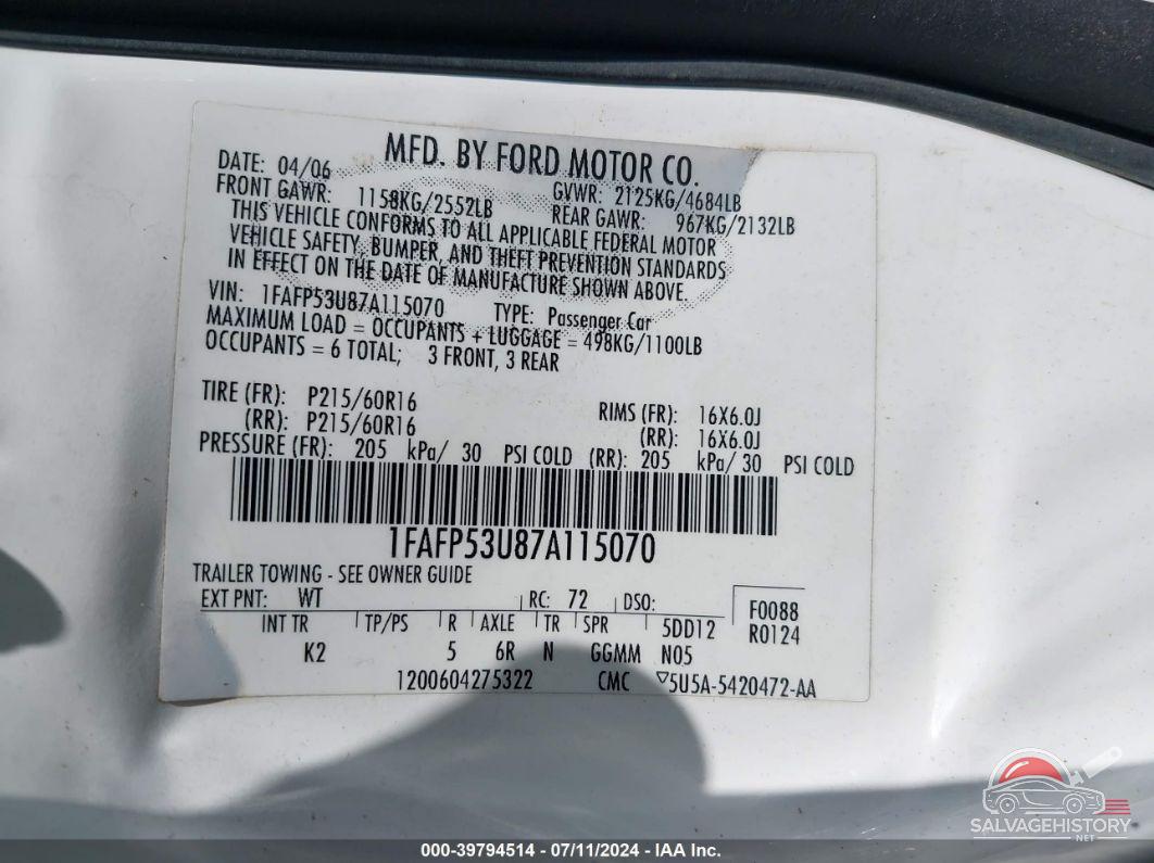 1FAFP53U87A115070 2007 FORD TAURUS photo no. 9