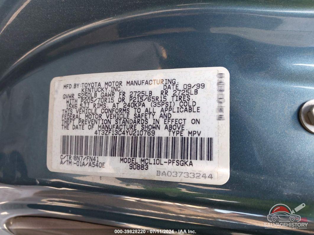 4T3ZF13C4YU210769 2000 TOYOTA SIENNA photo no. 9