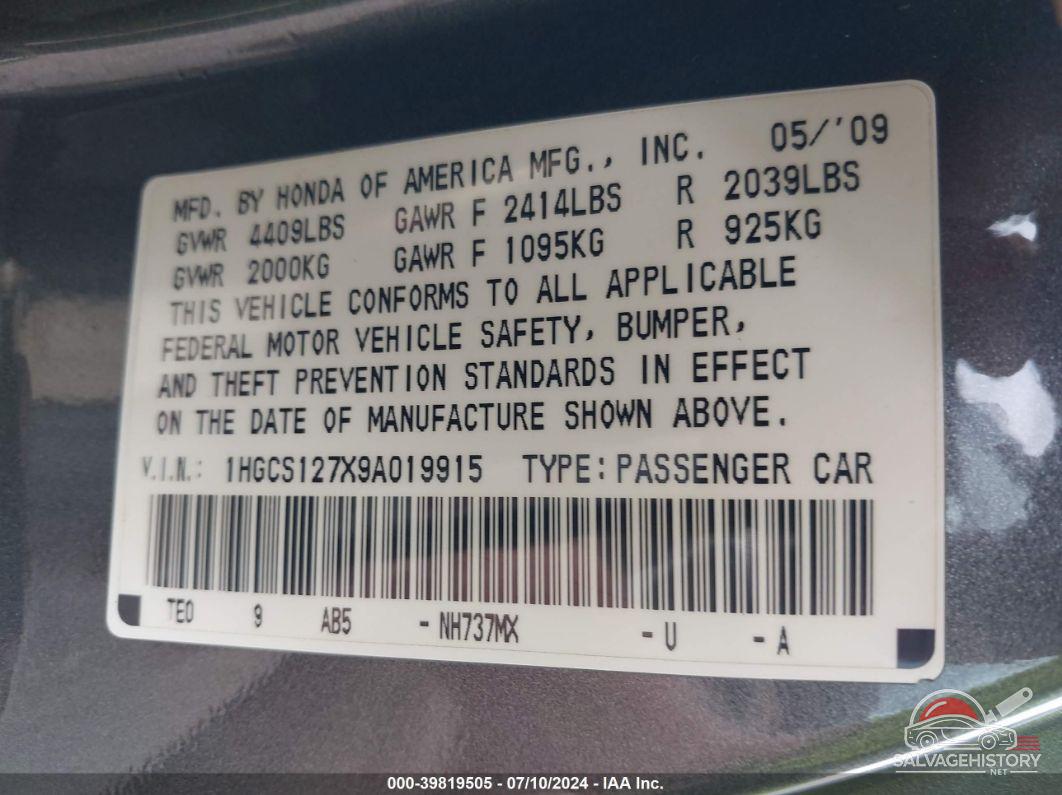 1HGCS127X9A019915 2009 HONDA ACCORD photo no. 9