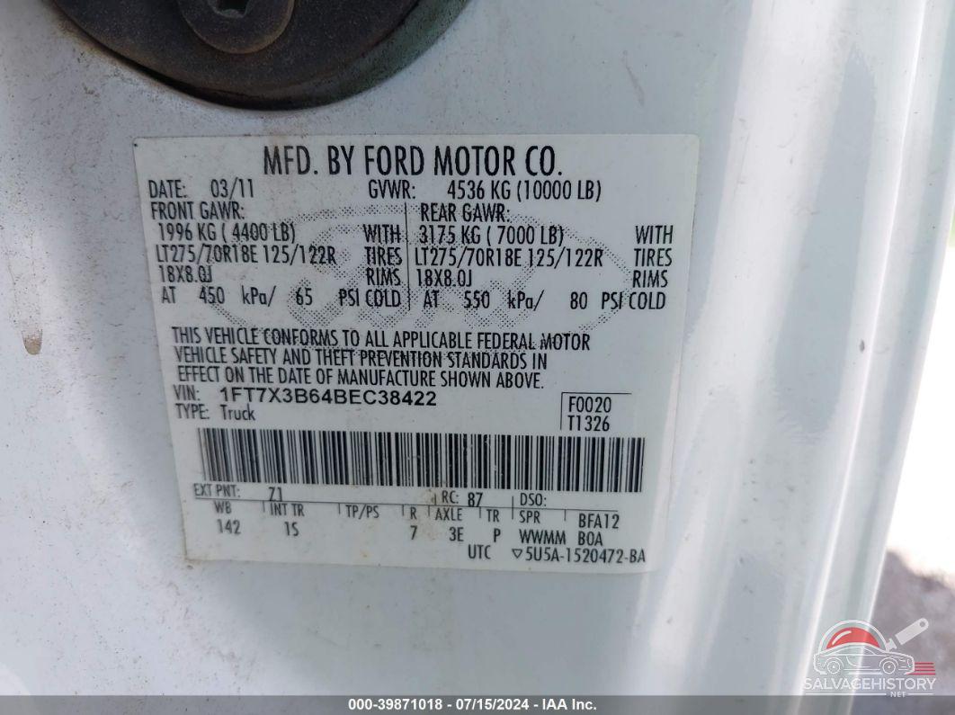 1FT7X3B64BEC38422 2011 FORD SUPER DUTY F-350 SRW photo no. 9