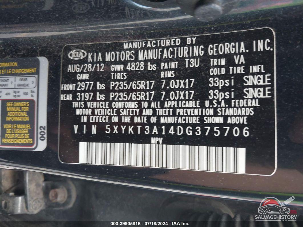 5XYKT3A14DG375706 2013 KIA SORENTO photo no. 9