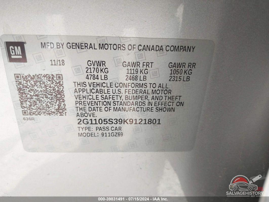2G1105S39K9121801 2019 CHEVROLET IMPALA photo no. 9