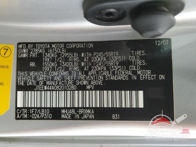 JTEEW44A082010280 2008 TOYOTA HIGHLANDER photo no. 14