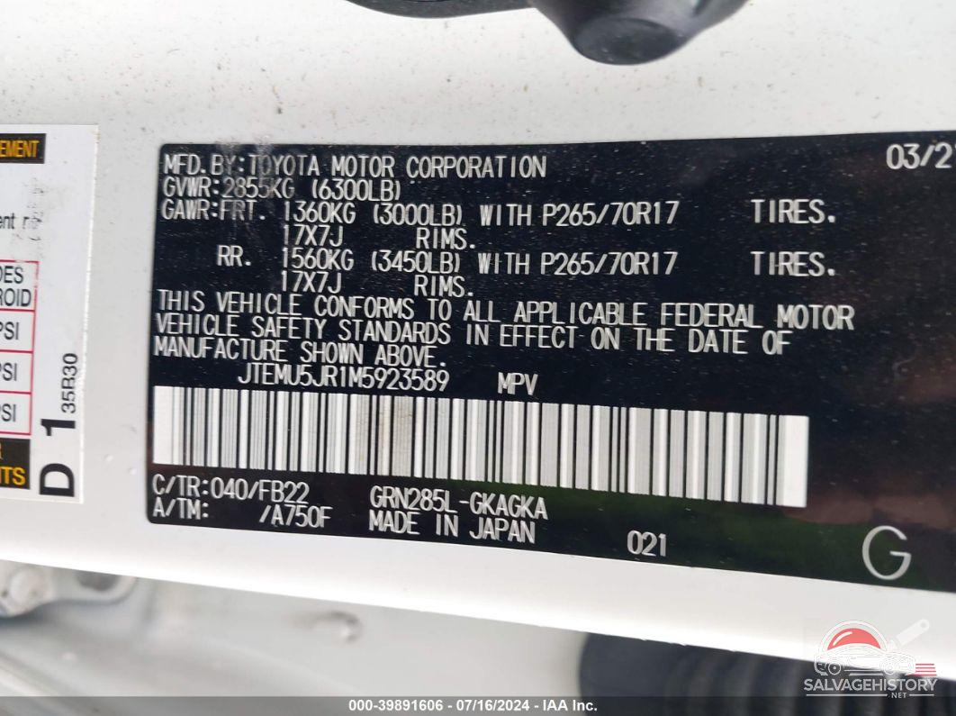 JTEMU5JR1M5923589 2021 TOYOTA 4RUNNER photo no. 9