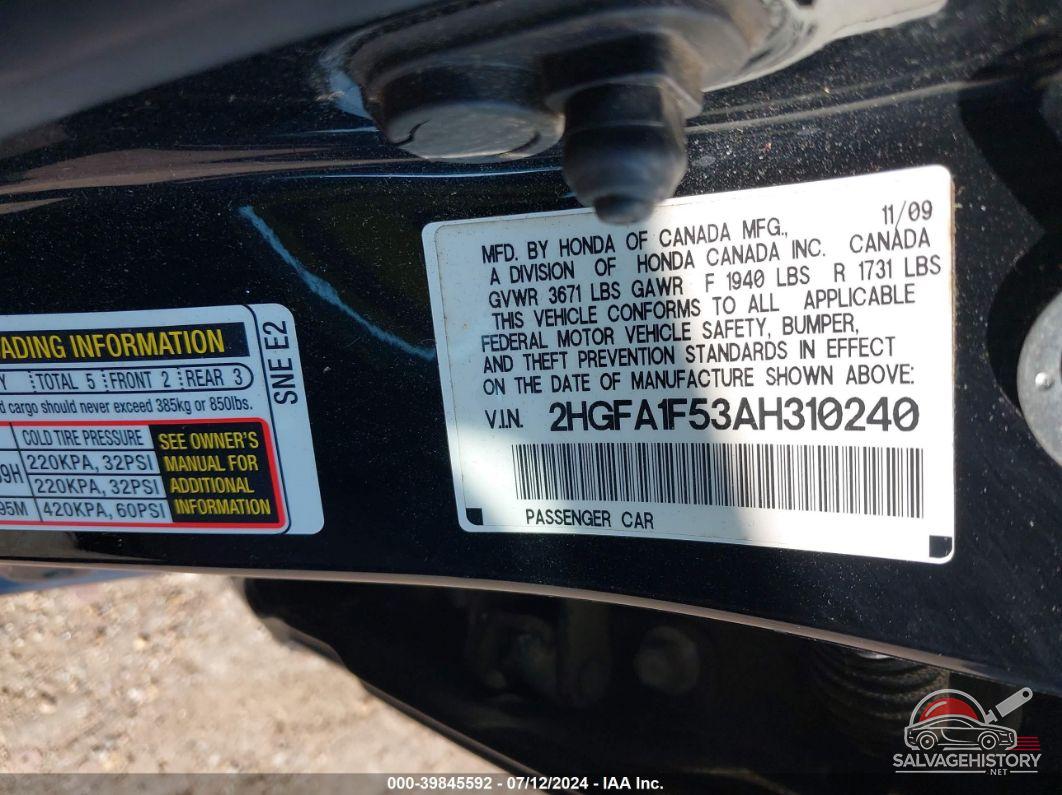 2HGFA1F53AH310240 2010 HONDA CIVIC photo no. 9