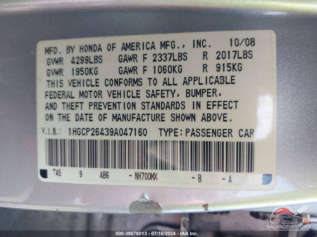 1HGCP26439A047160 2009 HONDA ACCORD photo no. 9