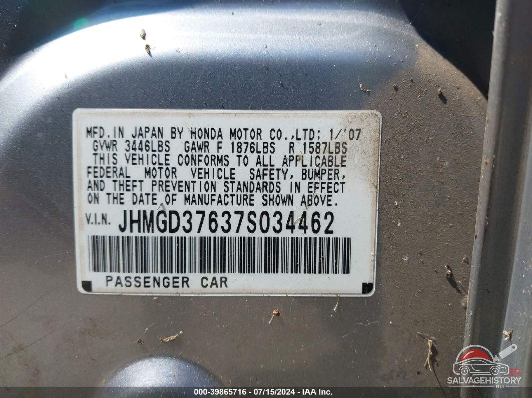 JHMGD37637S034462 2007 HONDA FIT photo no. 9