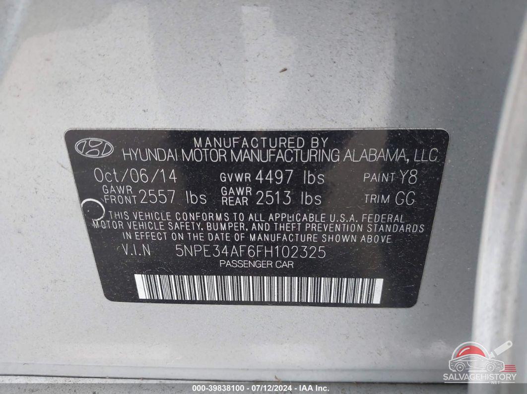 5NPE34AF6FH102325 2015 HYUNDAI SONATA photo no. 9