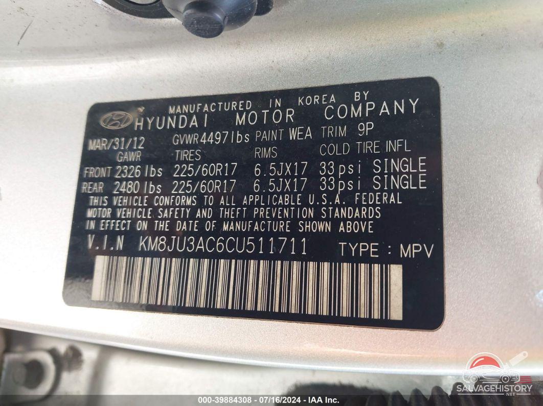 KM8JU3AC6CU511711 2012 HYUNDAI TUCSON photo no. 9