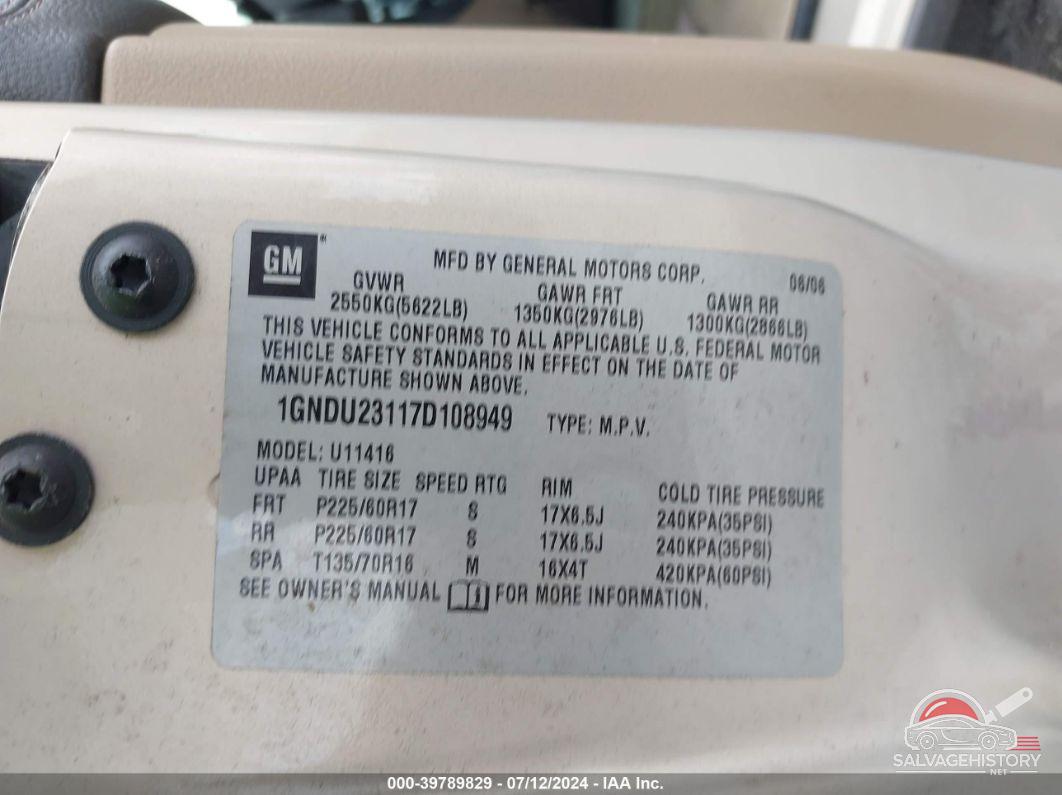 1GNDU23117D108949 2007 CHEVROLET UPLANDER photo no. 9