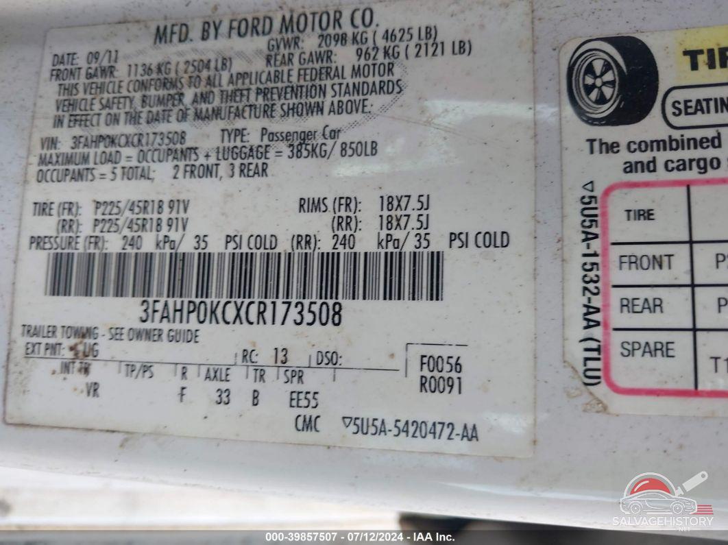 3FAHP0KCXCR173508 2012 FORD FUSION photo no. 9