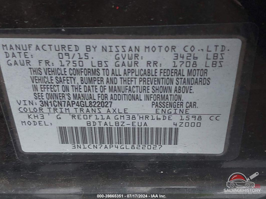 3N1CN7AP4GL822027 2016 NISSAN VERSA photo no. 9