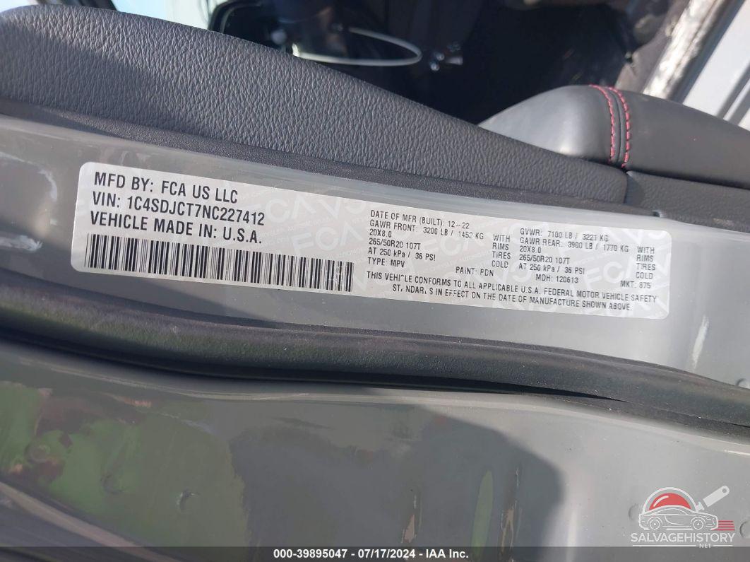 1C4SDJCT7NC227412 2022 DODGE DURANGO photo no. 9