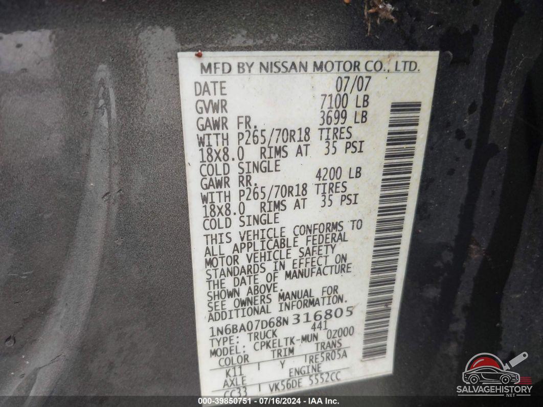 1N6BA07D68N316805 2008 NISSAN TITAN photo no. 9
