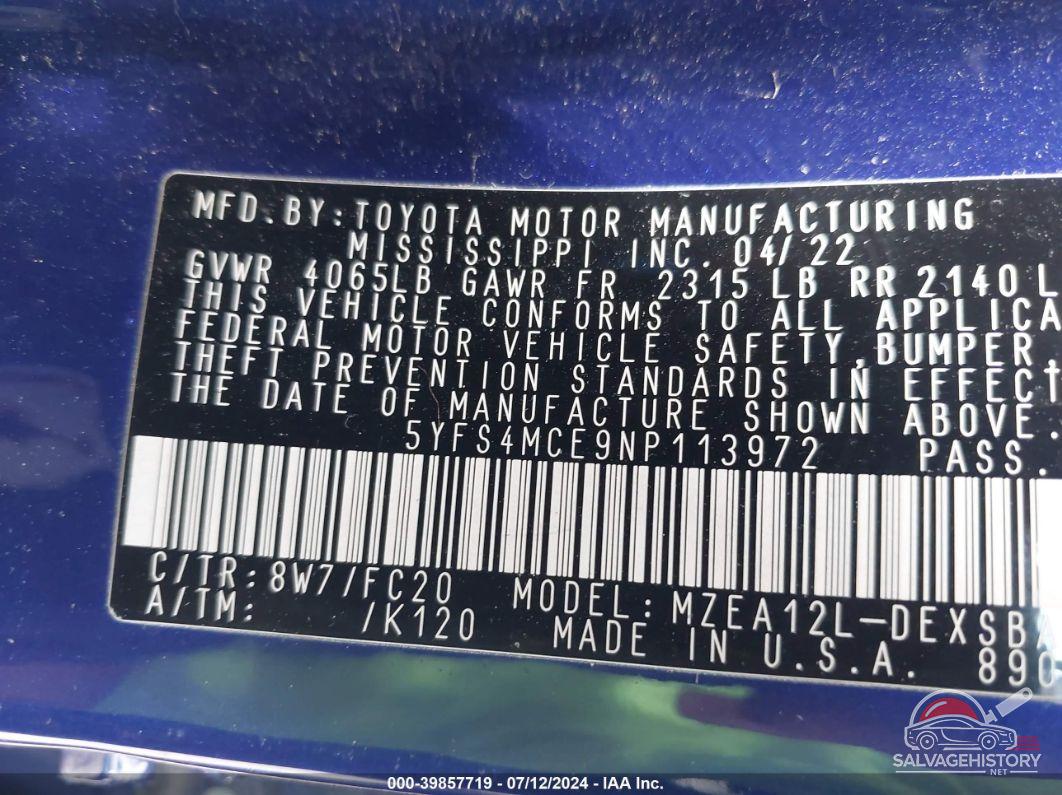 5YFS4MCE9NP113972 2022 TOYOTA COROLLA photo no. 9