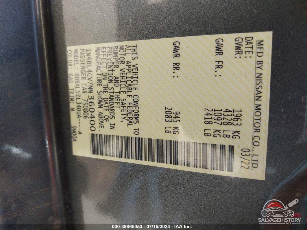 1N4BL4CV7NN360400 2022 NISSAN ALTIMA photo no. 9