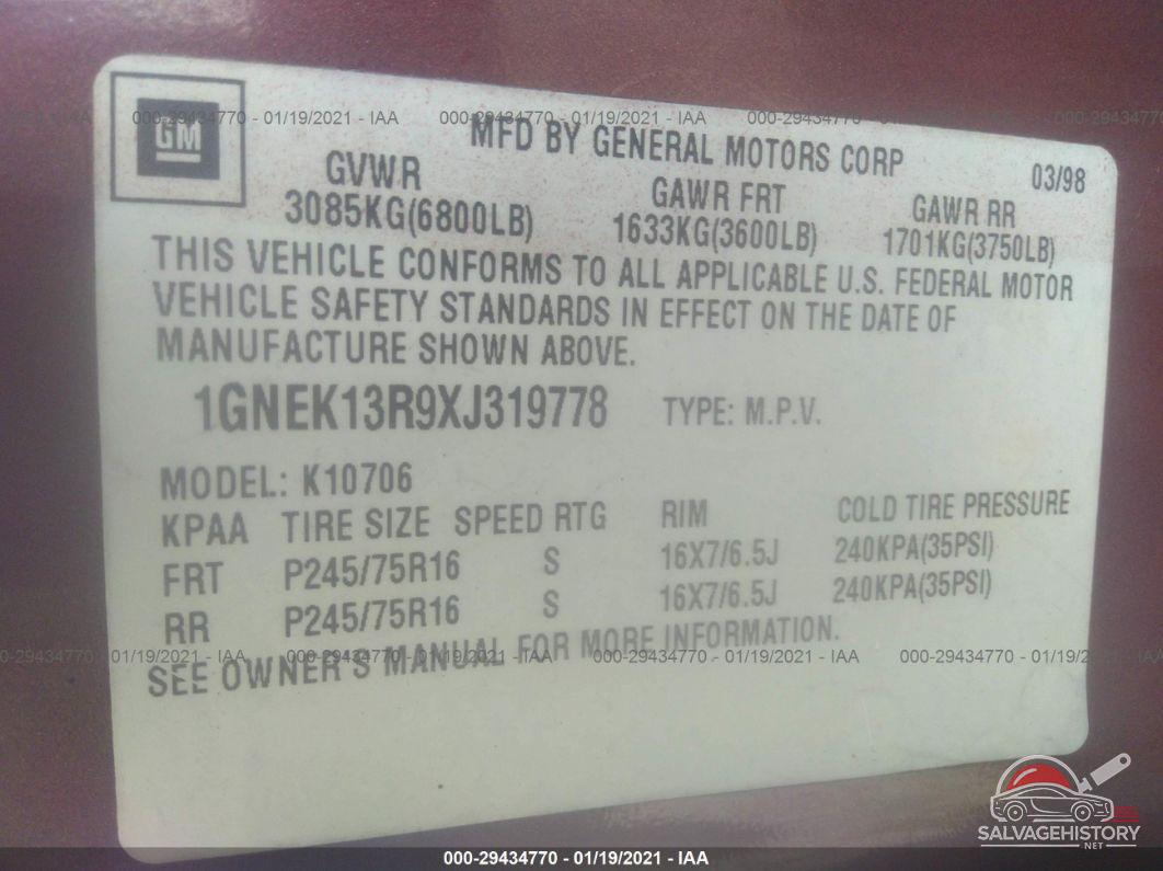 1GNEK13R9XJ319778 1999 CHEVROLET TAHOE photo no. 9