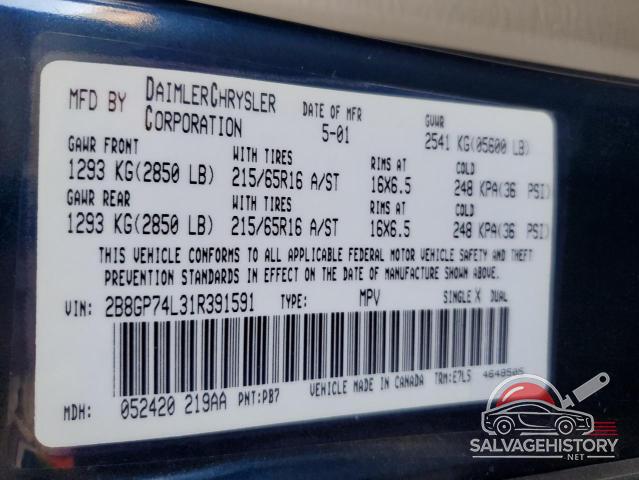 2B8GP74L31R391591 2001 DODGE CARAVAN photo no. 13