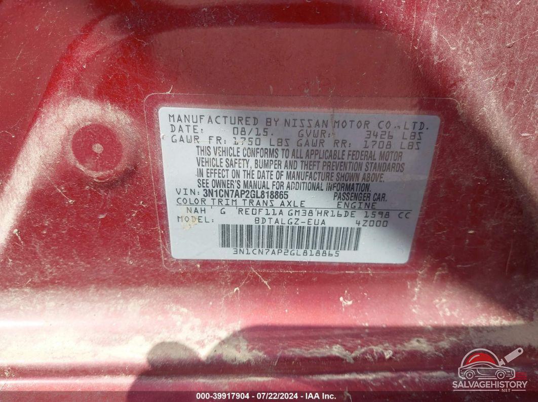 3N1CN7AP2GL818865 2016 NISSAN VERSA photo no. 9