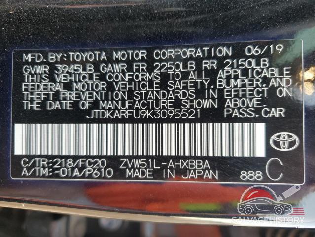 JTDKARFU9K3095521 2019 TOYOTA PRIUS photo no. 12