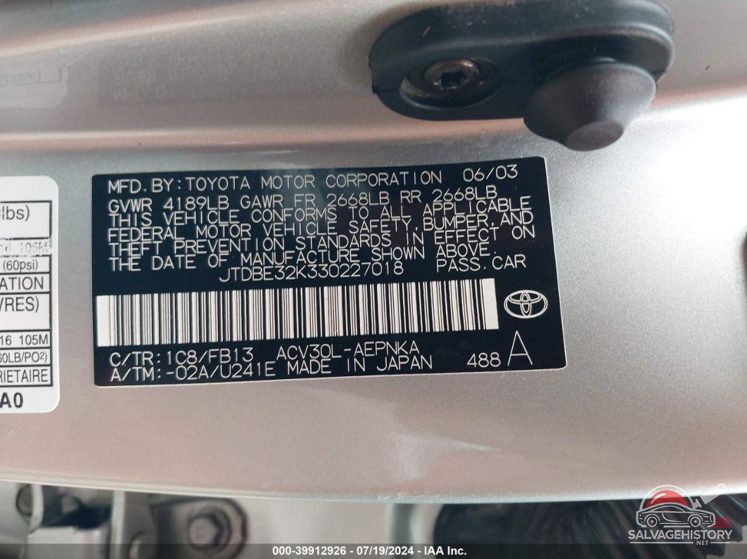 JTDBE32K330227018 2003 TOYOTA CAMRY photo no. 9