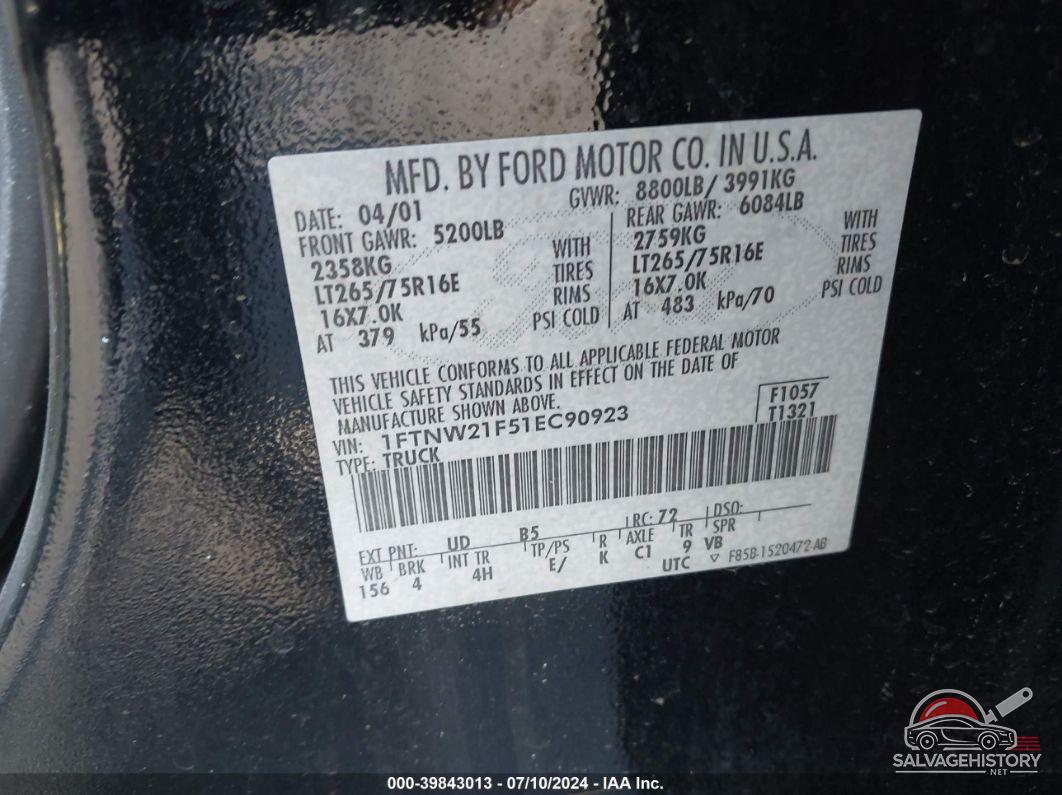 1FTNW21F51EC90923 2001 FORD F-250 photo no. 9