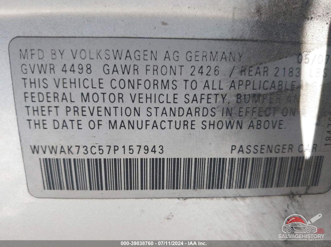WVWAK73C57P157943 2007 VOLKSWAGEN PASSAT photo no. 9