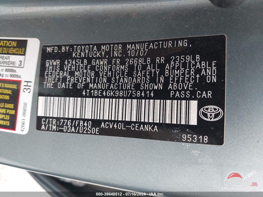 4T1BE46K98U758414 2008 TOYOTA CAMRY photo no. 9