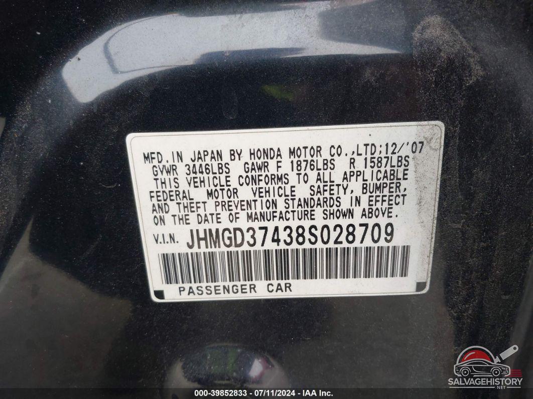 JHMGD37438S028709 2008 HONDA FIT photo no. 9