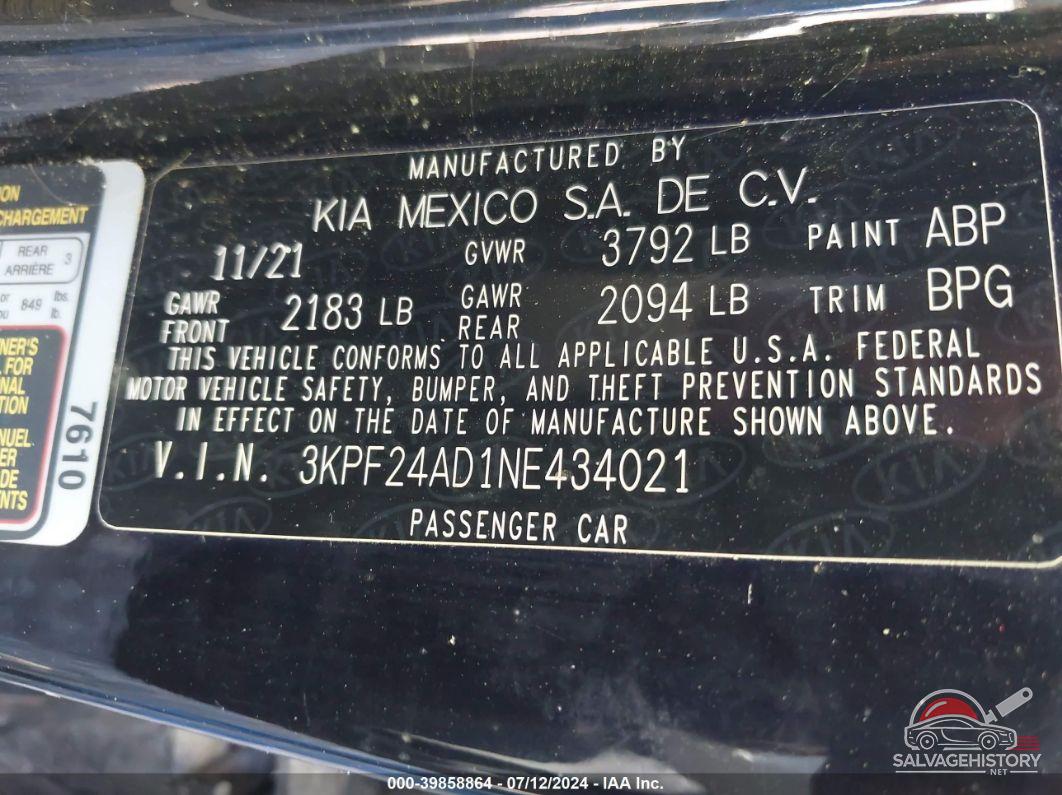 3KPF24AD1NE434021 2022 KIA FORTE photo no. 9