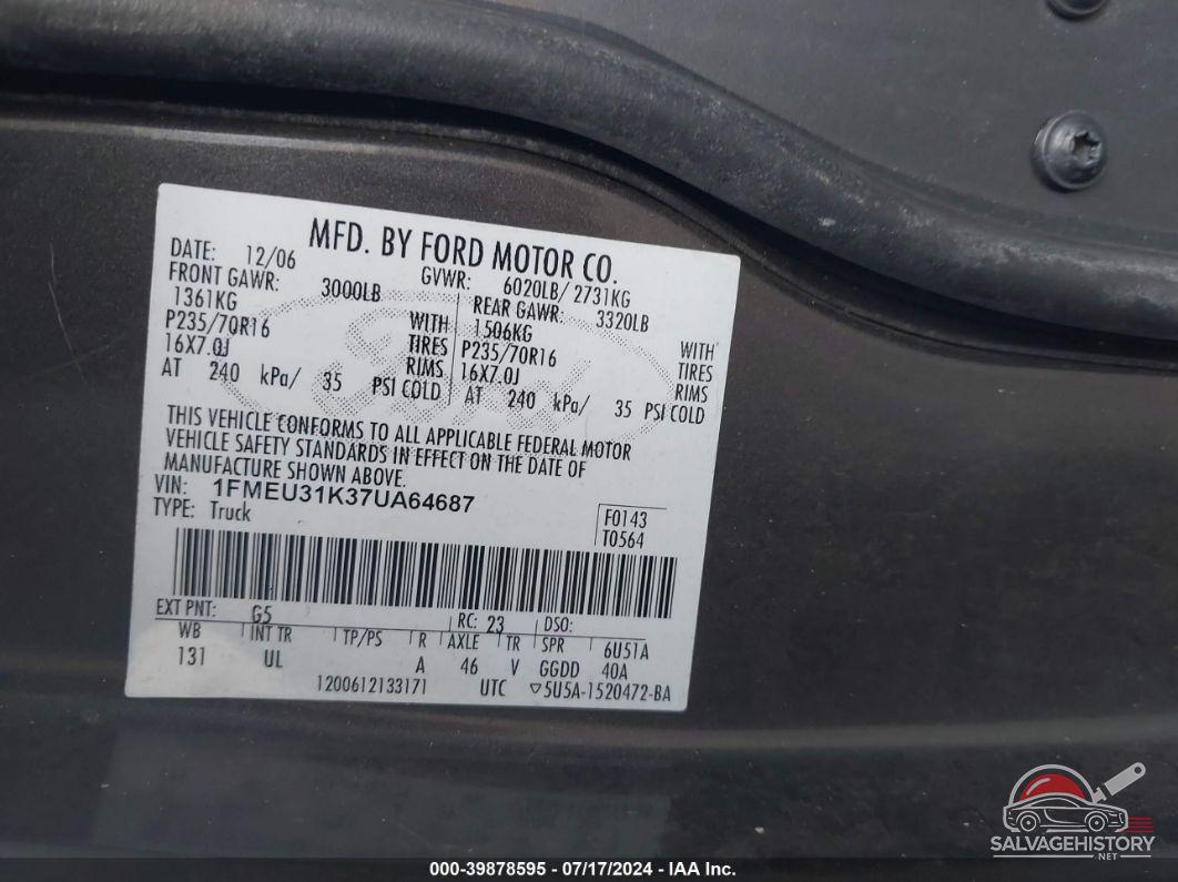 1FMEU31K37UA64687 2007 FORD EXPLORER SPORT TRAC photo no. 9