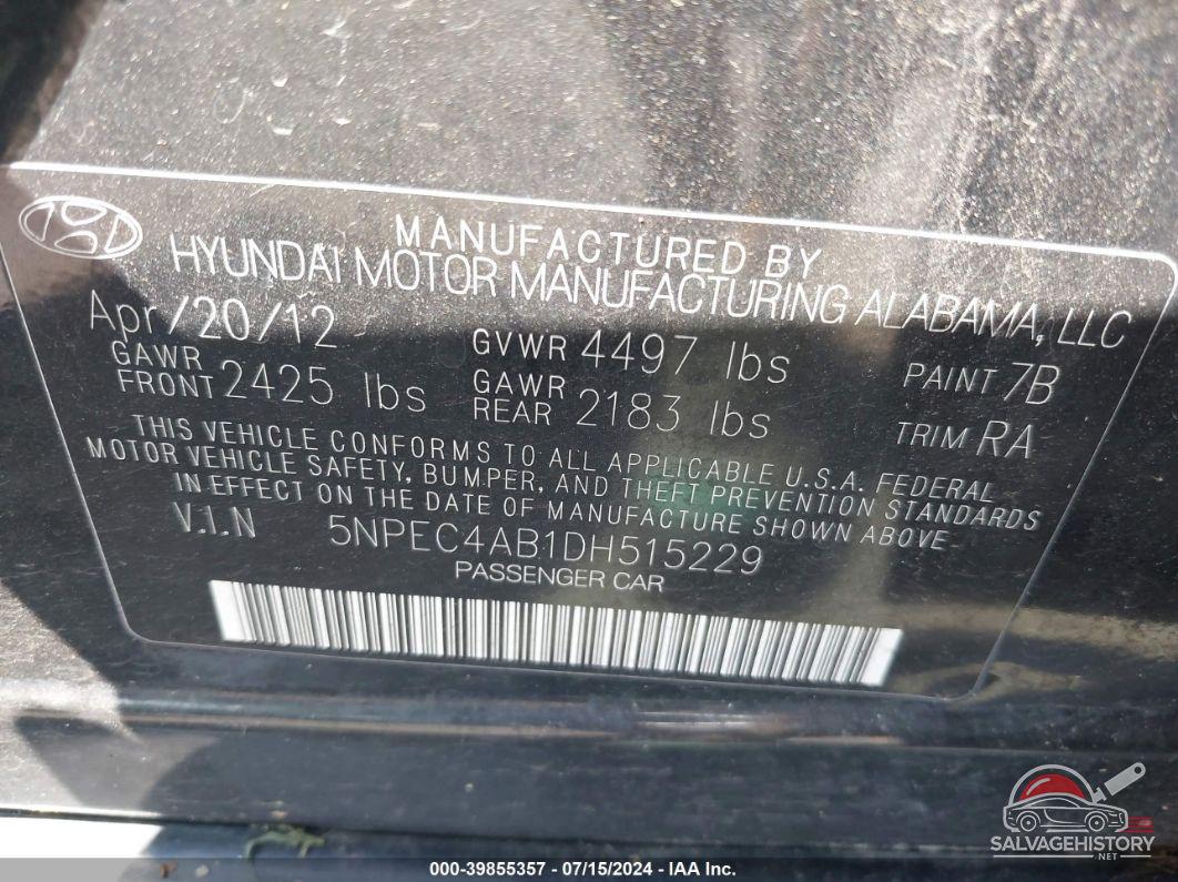 5NPEC4AB1DH515229 2013 HYUNDAI SONATA photo no. 9