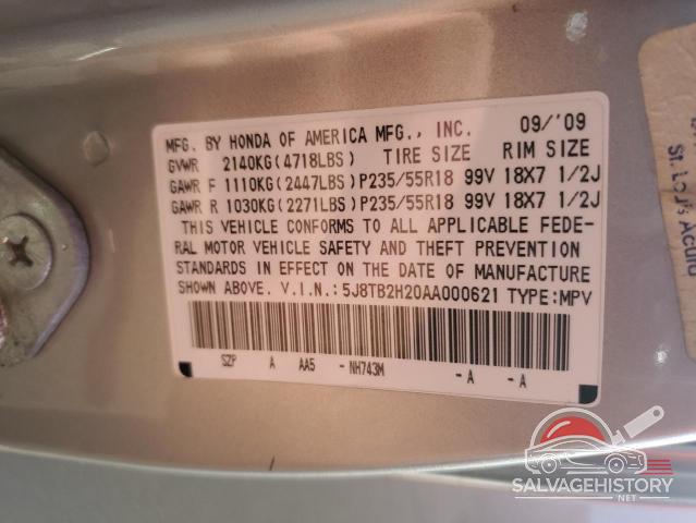 5J8TB2H20AA000621 2010 ACURA RDX photo no. 12