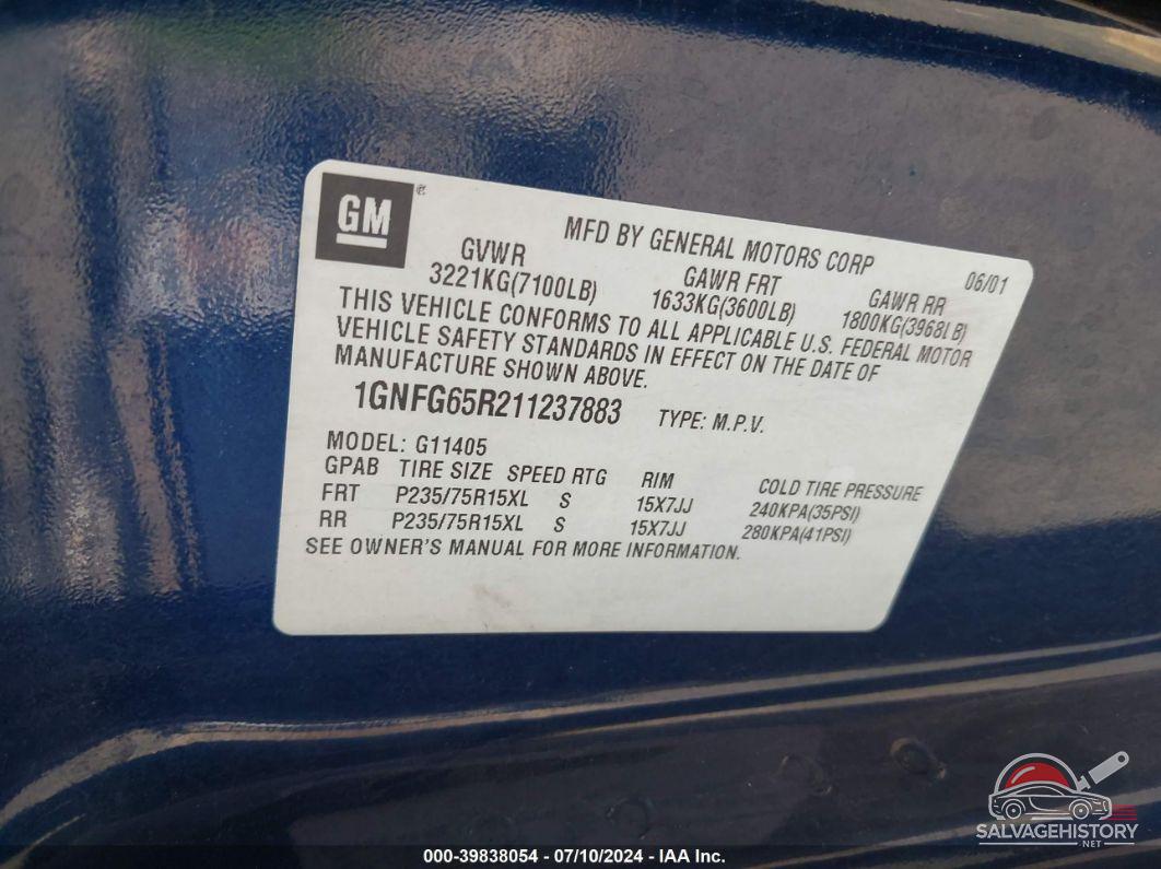 1GNFG65R211237883 2001 CHEVROLET EXPRESS LT photo no. 9