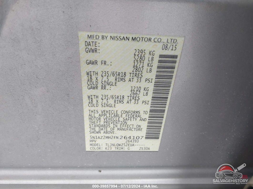 5N1AZ2MH2FN264107 2015 NISSAN MURANO photo no. 9