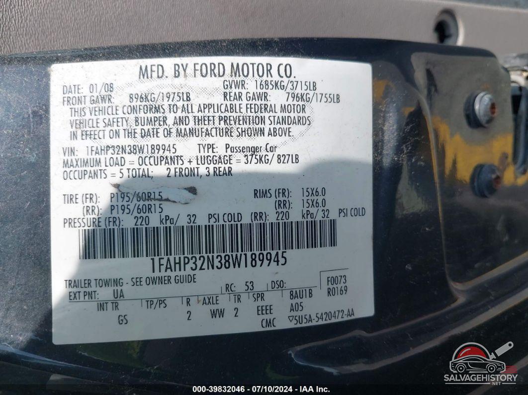 1FAHP32N38W189945 2008 FORD FOCUS photo no. 9