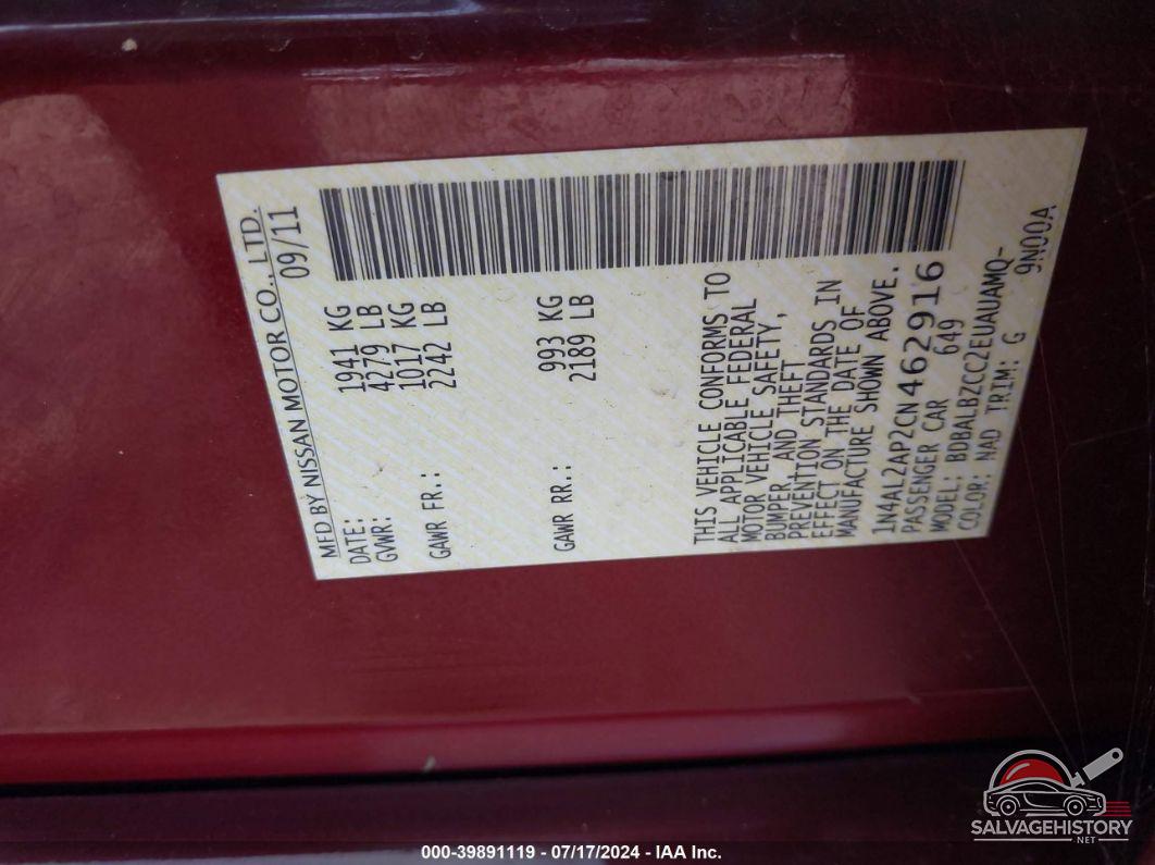 1N4AL2AP2CN462916 2012 NISSAN ALTIMA photo no. 9