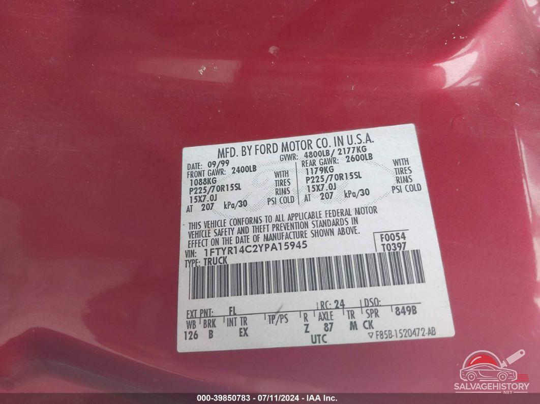 1FTYR14C2YPA15945 2000 FORD RANGER photo no. 9