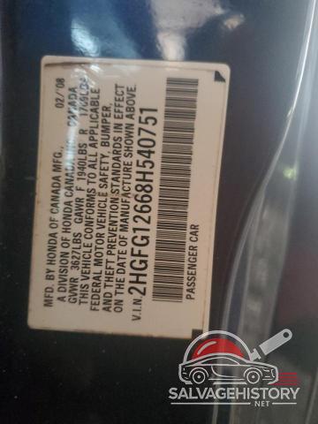 2HGFG12668H540751 2008 HONDA CIVIC photo no. 12