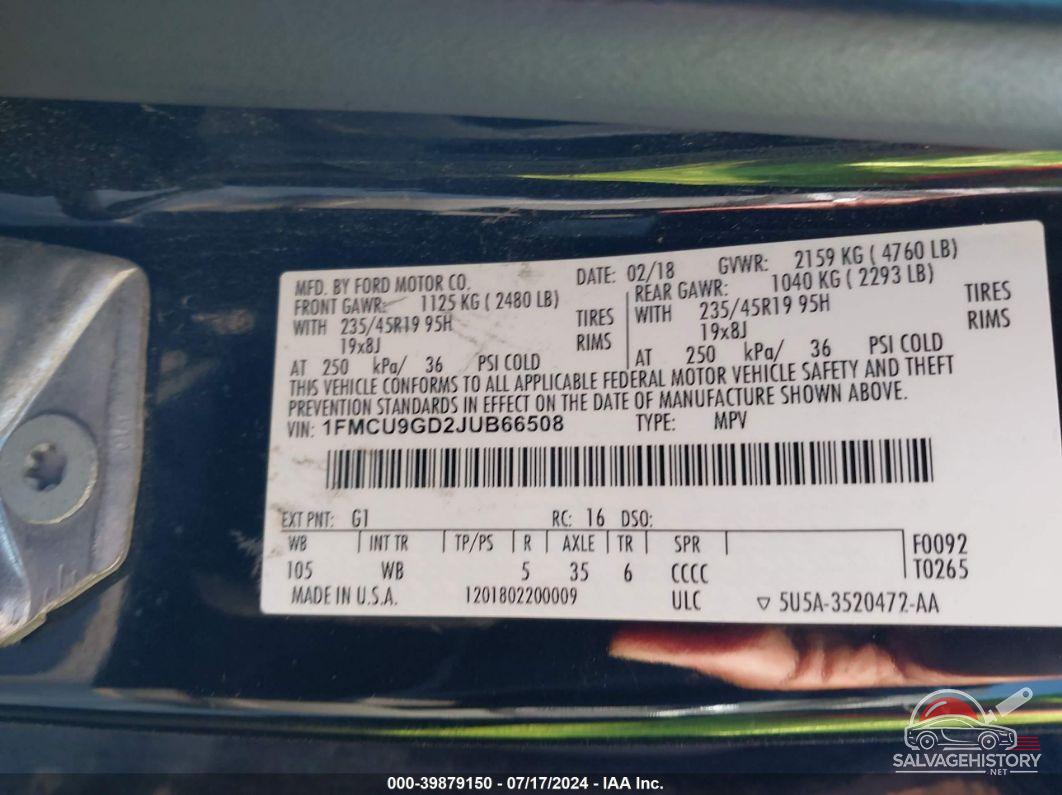 1FMCU9GD2JUB66508 2018 FORD ESCAPE photo no. 9