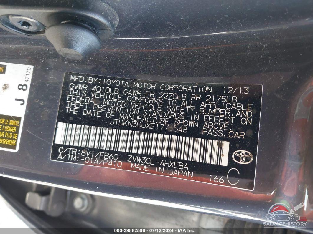 JTDKN3DUXE1776548 2014 TOYOTA PRIUS photo no. 9