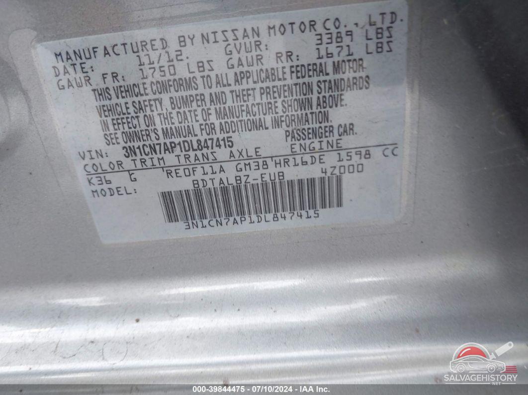 3N1CN7AP1DL847415 2013 NISSAN VERSA photo no. 9